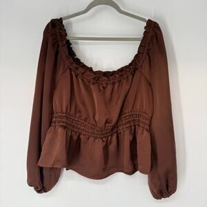 Eloquii Sateen Long Sleeve Peplum Hem Crop Top Women's Plus Size 14 Brown Y2K